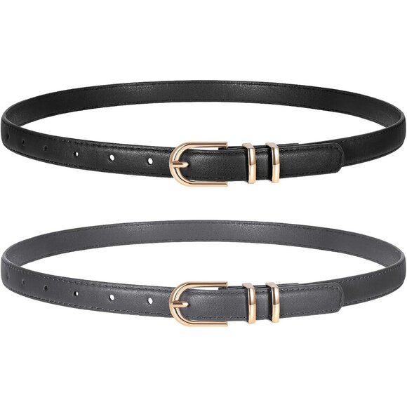 2 Pack Women's Skinny Leather Belts Black Gray Thin Faux with Gold Buckle - Picture 1 of 6